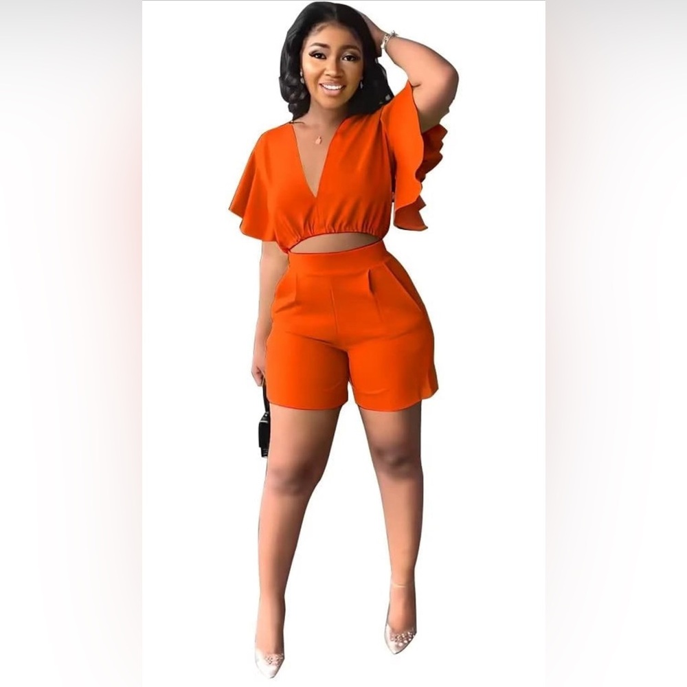 Sexy Two Piece Outfits Ruffle Short Sleeve V Neck Sweatsuits Crop Tops Shorts z4